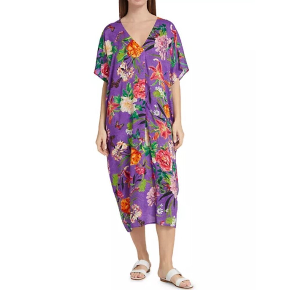 Johnny Was 'Orchid Goza' Pleat-Front Swimsuit Cover-Up Dress, Purple Multi